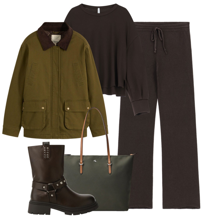 Outfit donna - Basic total look. Stile Basic per Tutti i giorni. Abbinamento con parka, pantaloni a palazzo, felpe, stivali, borse tote.