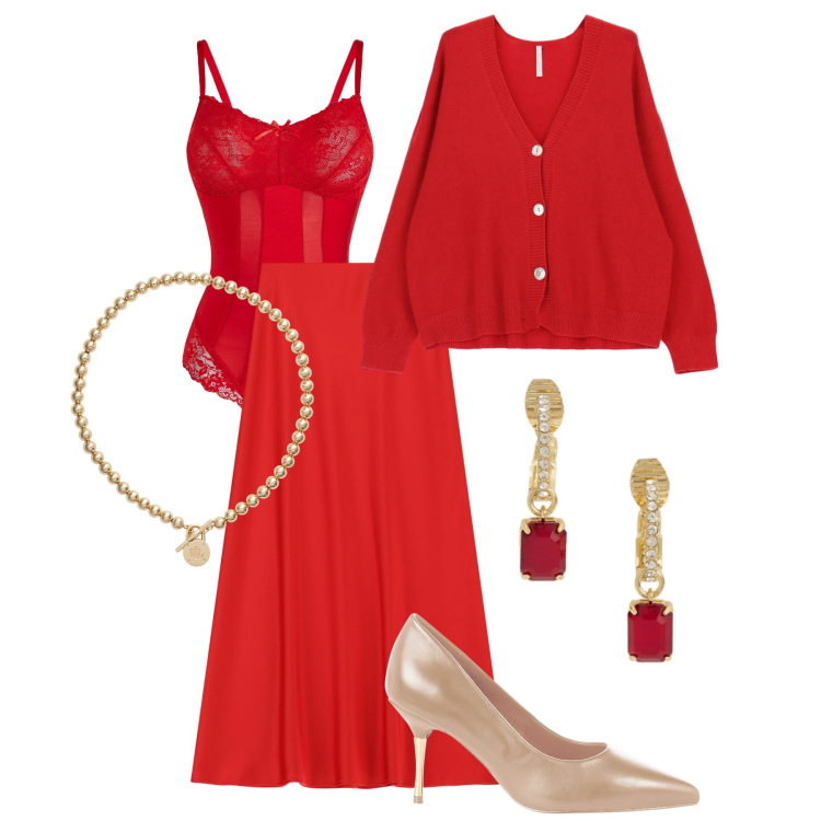 Outfit donna - Rosso e oro mix & match. Stile Chic per Serata fuori. Abbinamento con body, décolleté, cardigans, gonne lunghe, collane, orecchini.