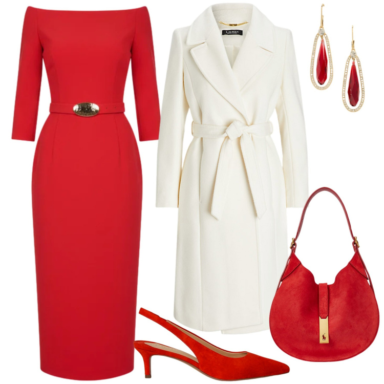 Outfit donna - Festive Harmony. Stile Chic per Serata fuori. Abbinamento con vestiti midi/longuette, borse a spalla, cappotti, décolleté, orecchini.