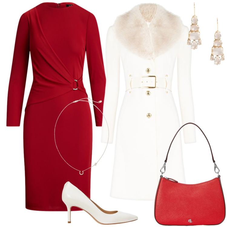 Outfit donna - Festive Harmony. Stile Glamour per Cerimonia. Abbinamento con cappotti, borse a spalla, décolleté, orecchini, ciondoli, vestiti.