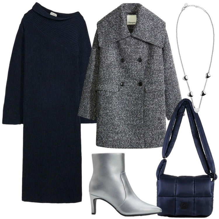 Outfit donna - Blu e argento. Stile Casual chic per Serata fuori. Abbinamento con cappotti, vestiti, stivaletti, collane, borse a spalla.