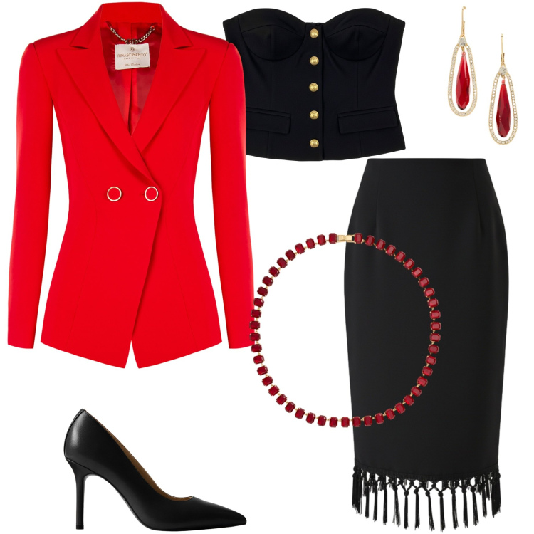 Outfit donna - Festive Harmony. Stile Chic per Serata fuori. Abbinamento con blazer, gonne longuette, top, décolleté, orecchini, collane.
