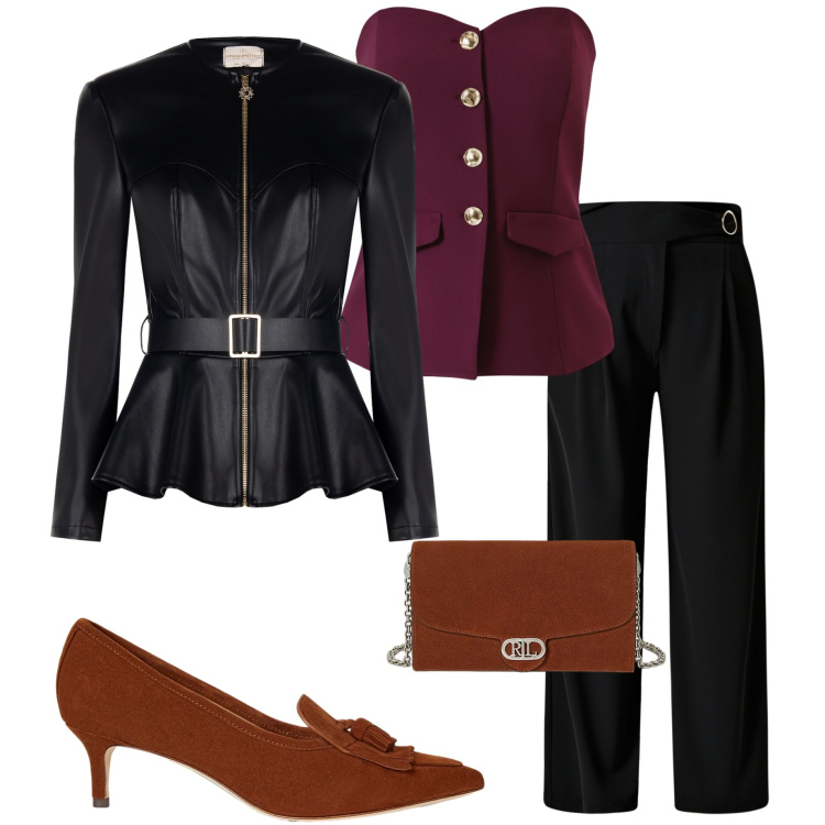 Outfit donna - Festive Harmony. Stile Chic per Serata fuori. Abbinamento con top, pantaloni a palazzo, blazer, borse a tracolla, décolleté.