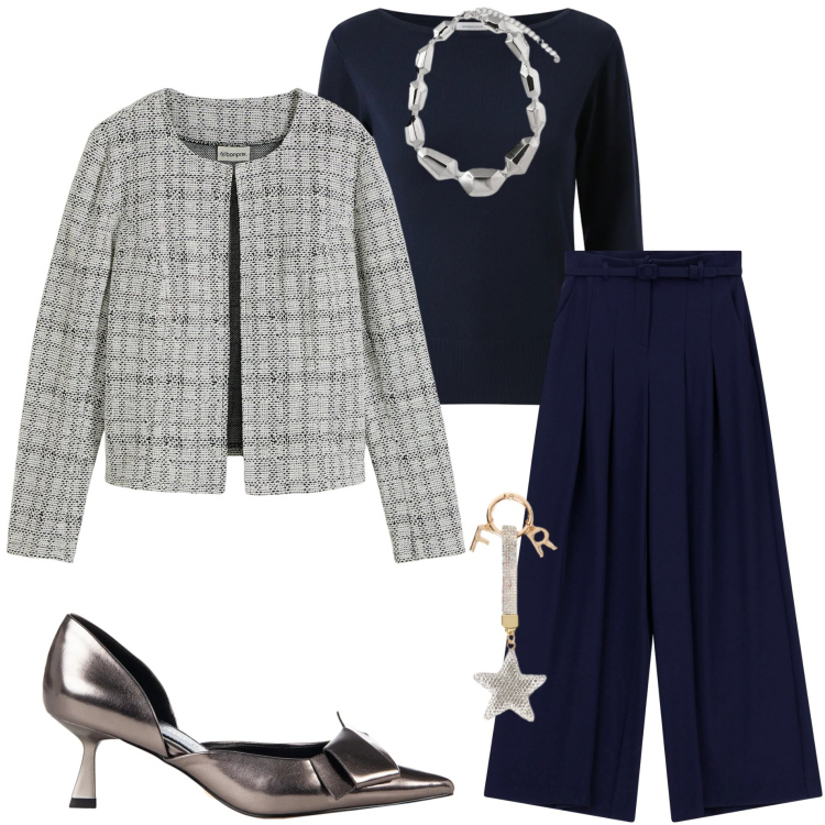 Outfit donna - Festive Harmony. Stile Casual chic per Serata fuori. Abbinamento con cardigans, décolleté, pullovers, pantaloni a palazzo, ciondoli, portachiavi.