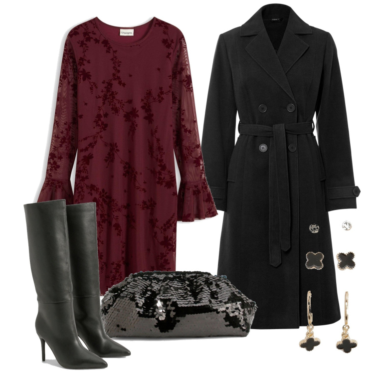 Outfit femme - Décembre. Style Chic pour Soirée dehors. Assortir avec imperméable, robes courtes, cuissardes, pochette, boucles d'oreilles.