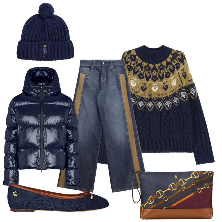 Outfit donna - Blu e dorato. Stile Casual chic per Serata fuori. Abbinamento con jeans a zampa, maglieria, ballerine, berretti, pochette, piumini.
