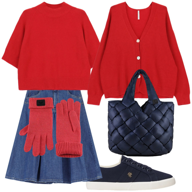 Outfit donna - Rosso e blu mi piace. Stile Trendy per Tutti i giorni. Abbinamento con gonne longuette, cardigans, maglieria, sneakers, borse tote, guanti.