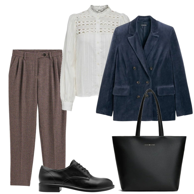 Outfit mujer - Bon ton look. Estilo Bon Ton para Oficina. Combinación con pantalones, blusas, blazers, zapatos con cordones, bolso tote.
