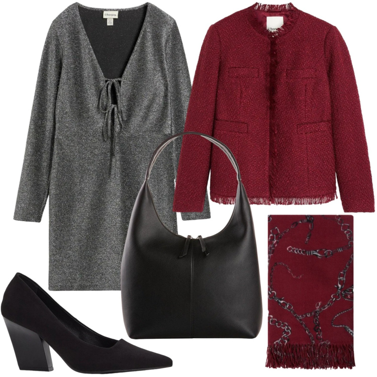Outfit donna - Look invernale. Stile Casual per Serata fuori. Abbinamento con vestiti corti, décolleté, shopping bag, cappotti, sciarpe.