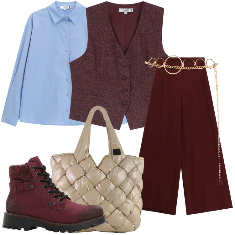 Outfit donna - Mannish day. Stile Mannish per Ufficio. Abbinamento con stivaletti, pantaloni a palazzo, gilet, camicie, cinture, borse tote.