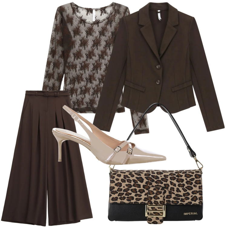 Outfit donna - Apericena chocolat. Stile Chic per Serata fuori. Abbinamento con décolleté, maglieria, pantaloni a palazzo, borse a spalla, blazer.