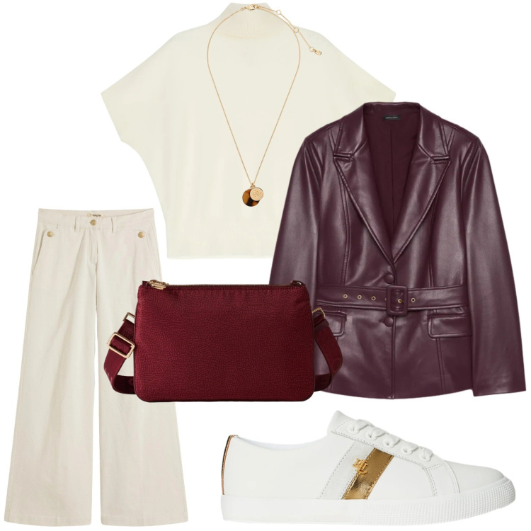 Outfit donna - Il blazer strutturato. Stile Casual per Ufficio. Abbinamento con pantaloni, maglieria, borse a tracolla, collane, sneakers, blazer.