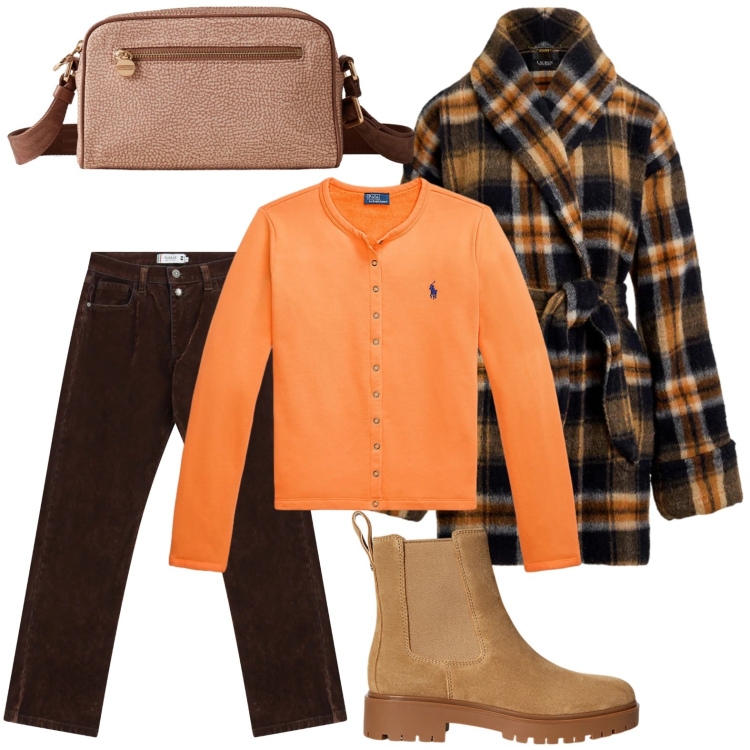 Outfit donna - Il cappotto scozzese. Stile Minimal per Ufficio. Abbinamento con pantaloni, borse a tracolla, cardigans, stivaletti chelsea, cappotti.