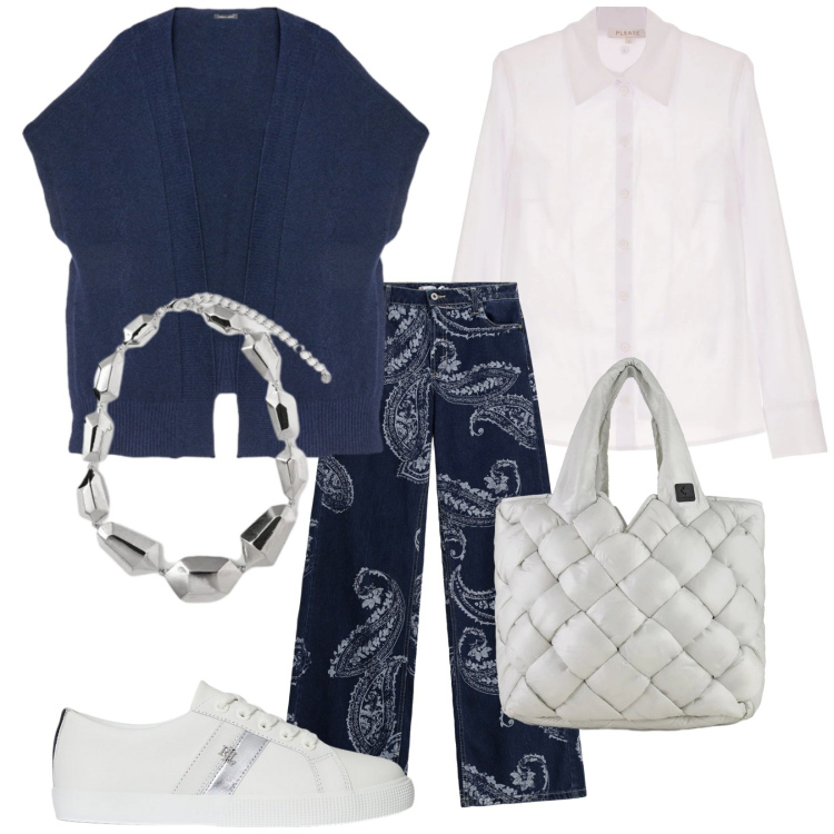 Outfit donna - Harmony blu argento bianco. Stile Trendy per Tutti i giorni. Abbinamento con camicie, jeans, sneakers, borse tote, gilet, ciondoli.