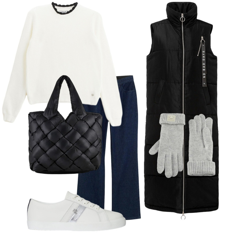 Outfit donna - Quotidianamente. Stile Urban per Tutti i giorni. Abbinamento con gilet, jeans dritti, pullovers, sneakers, guanti, borse tote.
