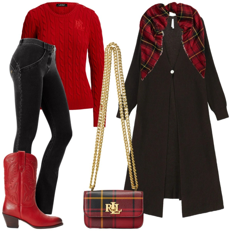 Outfit donna - Festive. Stile Trendy per Tutti i giorni. Abbinamento con cardigans, jeggings, stivali, sciarpe, maglieria, pochette.