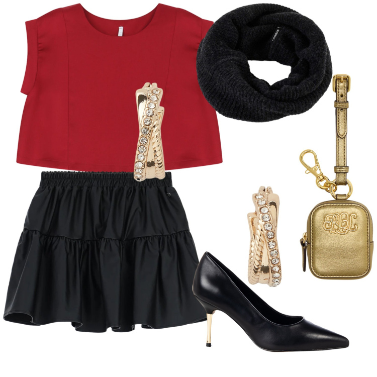 Outfit donna - Aperitivo con la mini. Stile Glamour per Serata fuori. Abbinamento con minigonne, décolleté, top, orecchini, pochette, scaldacollo.