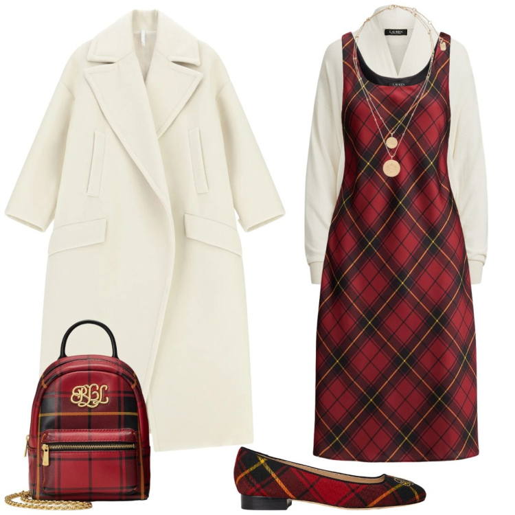 Outfit donna - Festive Harmony. Stile Romantica per Tutti i giorni. Abbinamento con cappotti, vestiti senza maniche, ciondoli, ballerine, maglieria, borse a tracolla.