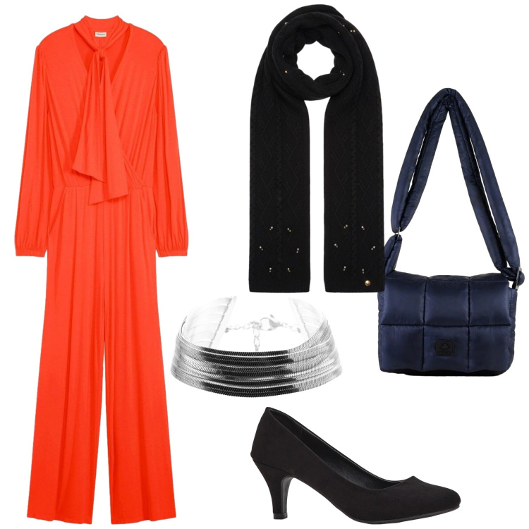 Outfit donna - Una tuta a Natale. Stile Chic per Cerimonia. Abbinamento con tute, décolleté, sciarpe, braccialetti, borse a spalla.