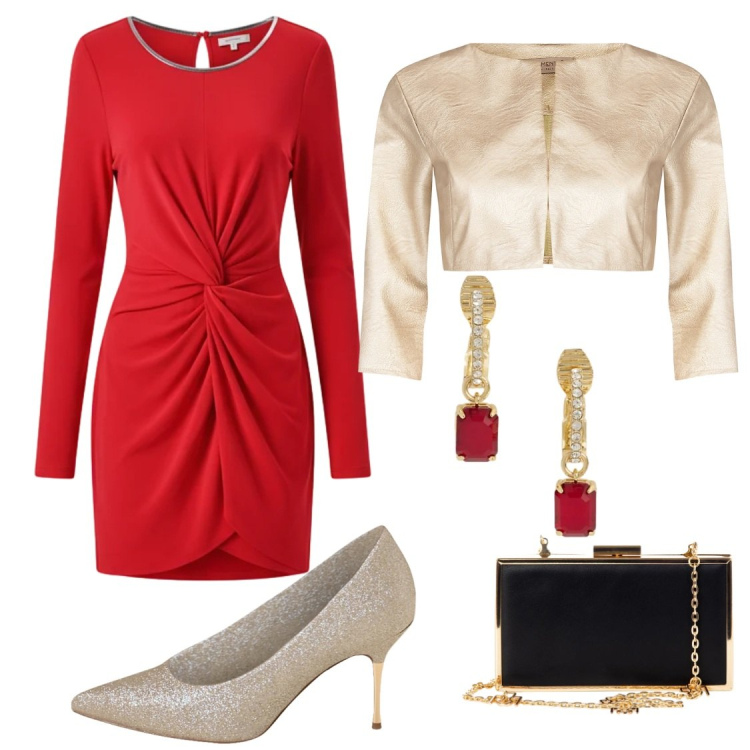 Outfit donna - Festive harmony. Stile Chic per Serata fuori. Abbinamento con bolero, pochette, décolleté, vestiti a tubino, orecchini.