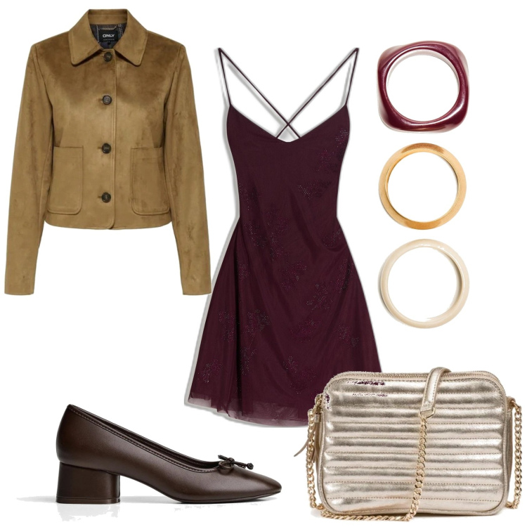 Outfit mujer - De fiesta. Estilo Trendy para Noche/Fiesta elegante. Combinación con bolsos de hombro, pulseras, blazers, vestidos cortos, bailarinas.