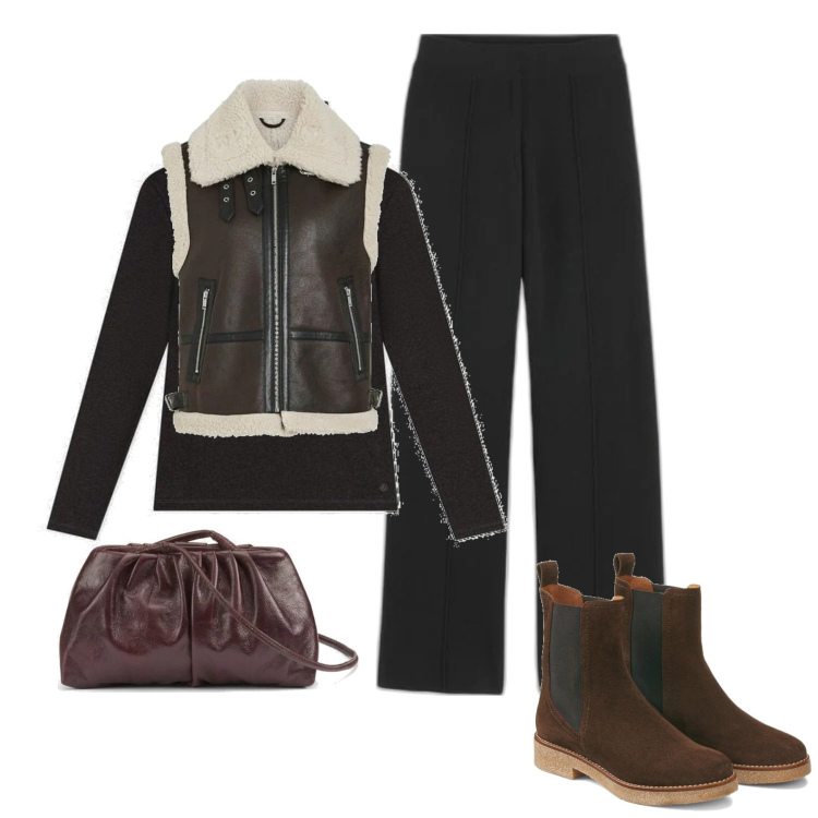 Outfit mujer - Casual #13660. Estilo Casual para Todos los días. Combinación con botines, chalecos, camiseta, pantalones, bolsos de mano.