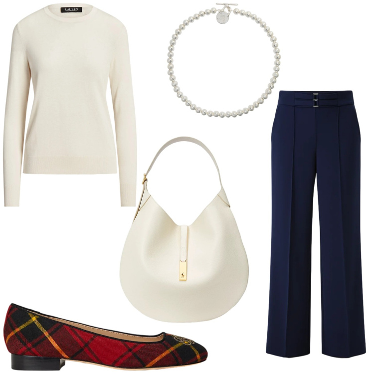 Outfit donna - Il mio Natale in famiglia. Stile Chic per Serata fuori. Abbinamento con pantaloni a palazzo, collane, maglieria, borse a spalla, ballerine.