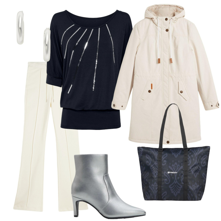 Outfit donna - Total look #2303175. Stile Casual chic per Serata fuori. Abbinamento con blazer, maglieria, stivaletti, shopping bag, pantaloni, orecchini.