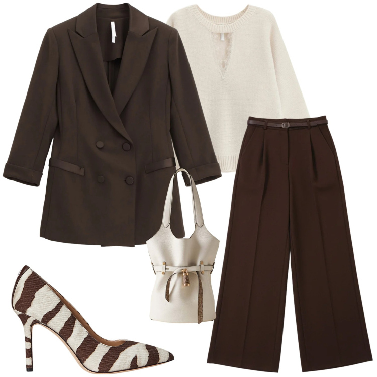 Outfit donna - Festive Harmony. Stile Chic per Serata fuori. Abbinamento con pantaloni a palazzo, blazer, maglieria, borse a secchiello, décolleté.