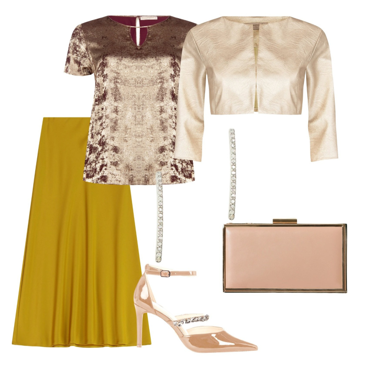 Outfit donna - Total look #2303178. Stile Glamour per Cerimonia. Abbinamento con bolero, bluse, pochette, décolleté, gonne lunghe, orecchini.