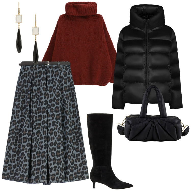 Outfit donna - Per tutto il giorno. per Tutti i giorni. Abbinamento con maglieria, gonne longuette, orecchini, stivali, piumini, borse a mano.