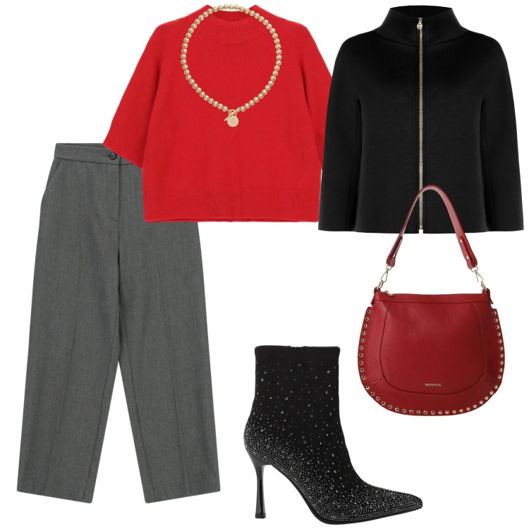 Outfit donna - Cena aziendale. per Serata fuori. Abbinamento con cappe, maglieria, stivaletti, borse a spalla, pantaloni, collane.