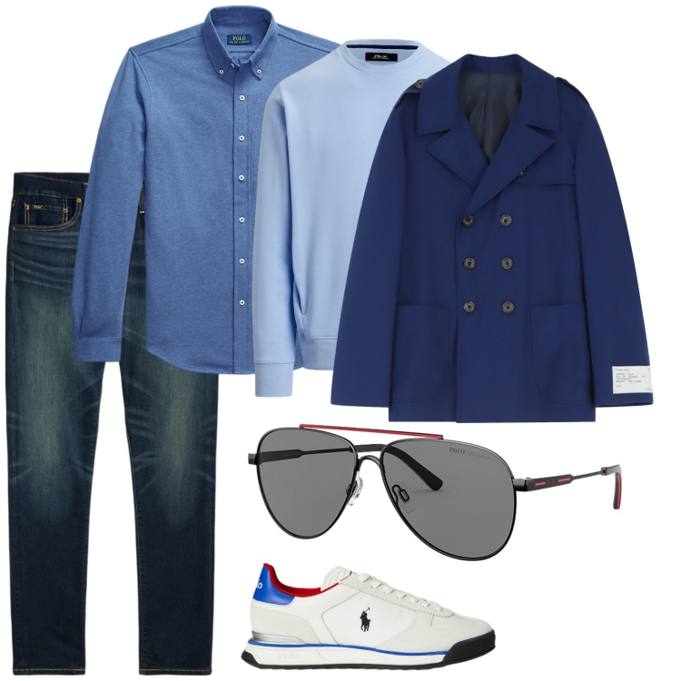 Outfit uomo - Per tutto il giorno. per Tutti i giorni. Abbinamento con caban, occhiali da sole, jeans, camicie, felpe, sneakers.