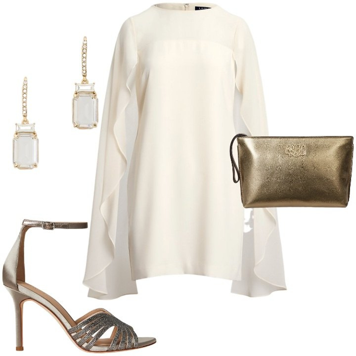 Outfit donna - Un mix di minimalismo elegante. Stile Minimal per Serata fuori. Abbinamento con vestiti a tubino, pochette, sandali gioiello, orecchini.