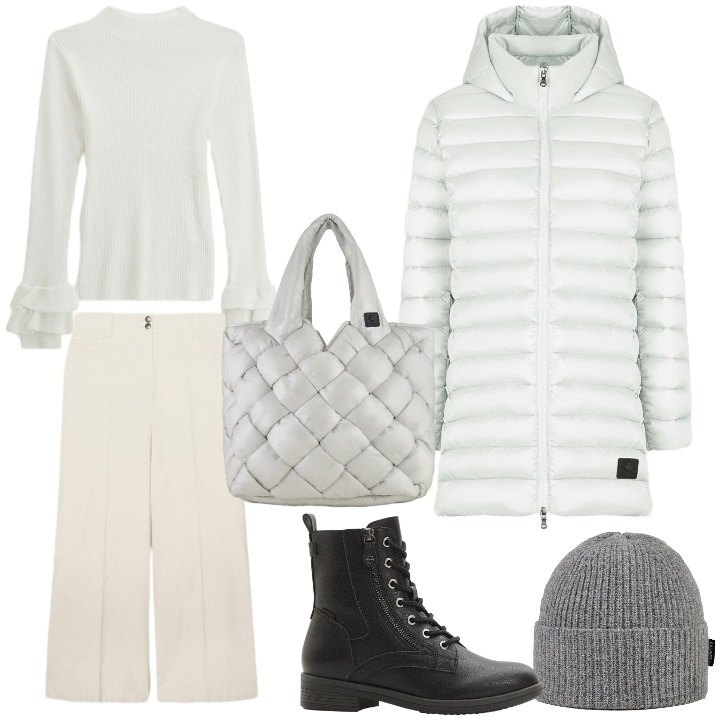 Outfit donna - Un mix di minimalismo elegante. Stile Minimal per Tutti i giorni. Abbinamento con stivaletti, maglieria, piumini, borse tote, berretti, pantaloni a palazzo.