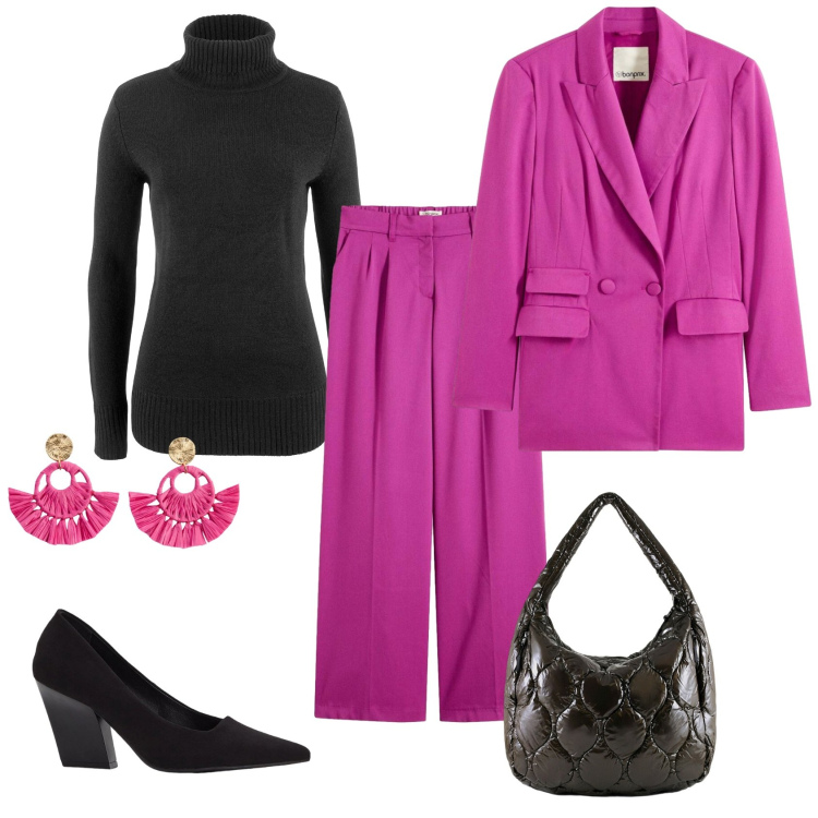 Outfit donna - Total look #2303205. Stile Chic per Ufficio. Abbinamento con maglieria, décolleté, orecchini, pantaloni a palazzo, blazer, borse tote.