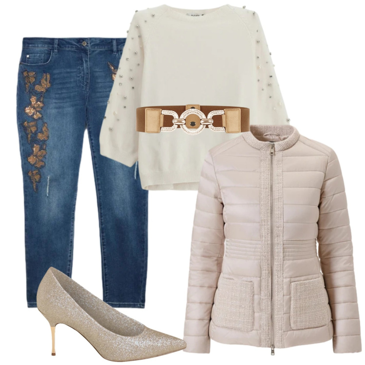 Outfit donna - Bianco e jeans. Stile Casual chic per Tutti i giorni. Abbinamento con maglieria, piumini, cinture, décolleté, jeans skinny.