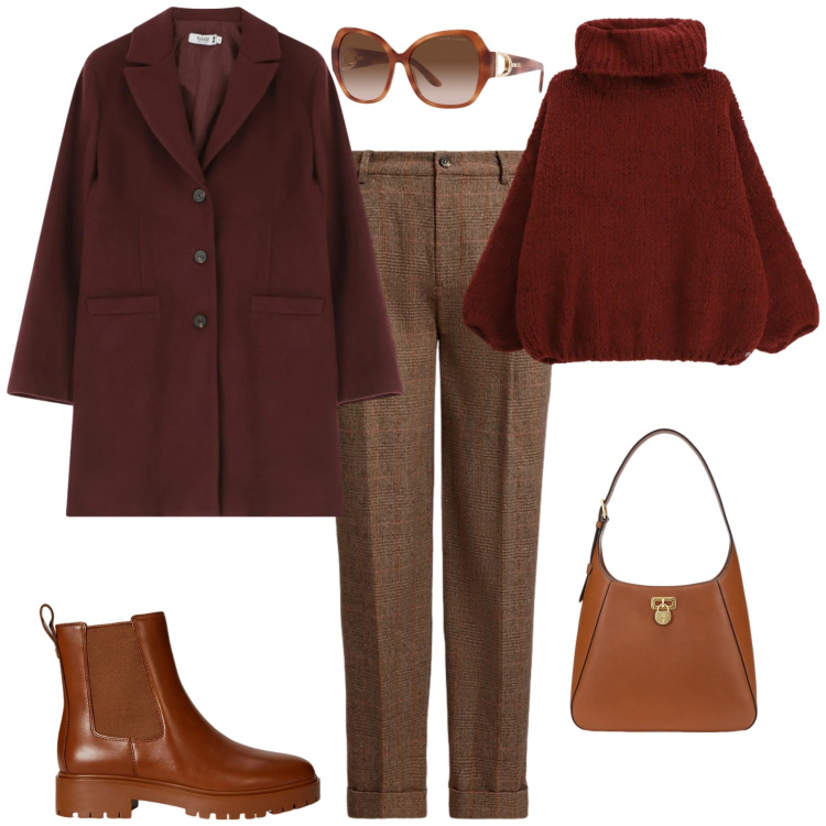 Outfit donna - Total look #2303209. Stile Casual chic per Tutti i giorni. Abbinamento con maglieria, cappotti, pantaloni, borse a spalla, stivaletti chelsea, occhiali da sole.