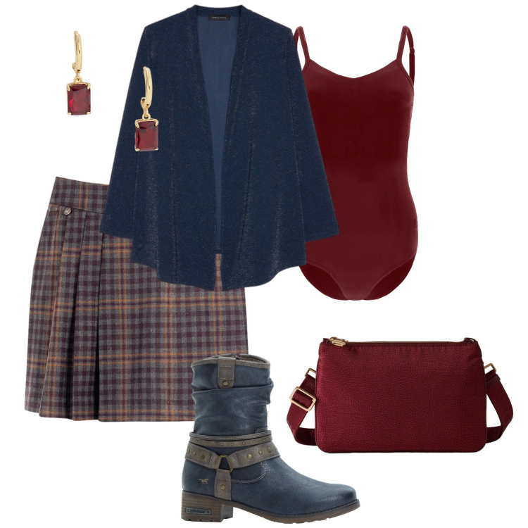 Outfit donna - Total look #2303212. Stile Casual chic per Tutti i giorni. Abbinamento con stivali, minigonne, borse a tracolla, body, orecchini, cardigans.