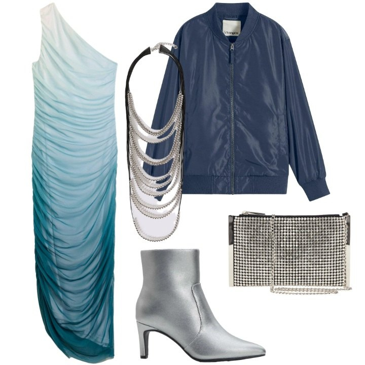 Outfit donna - Magiche Asimmetrie. Stile Rock per Serata fuori. Abbinamento con vestiti asimmetrici, bomber, stivaletti, pochette, collane.