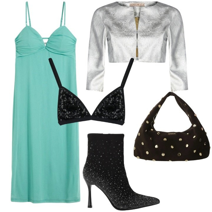 Outfit donna - Festive Harmony. Stile Glamour per Serata fuori. Abbinamento con vestiti lunghi, bolero, stivaletti, borse a spalla, top.