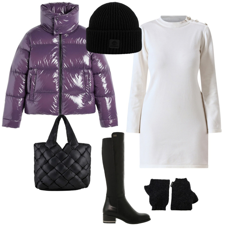 Outfit donna - Casual chic per le feste. Stile Casual chic per Tutti i giorni. Abbinamento con vestiti corti, stivali sopra il ginocchio, borse tote, berretti, guanti, piumini.