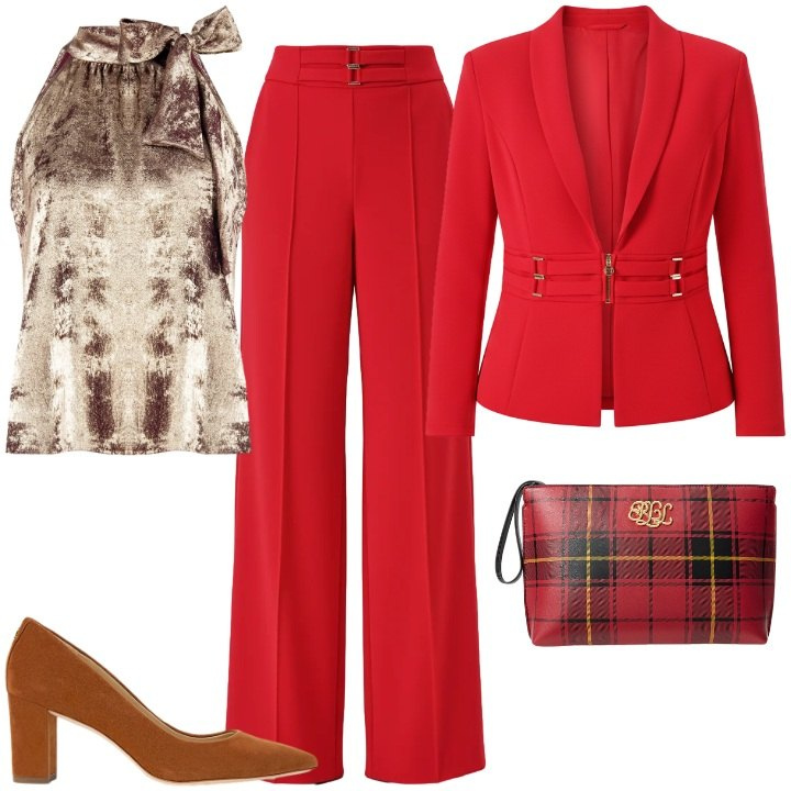 Outfit donna - Festive Harmony. Stile Chic per Serata fuori. Abbinamento con top, blazer, pantaloni a palazzo, décolleté, pochette.
