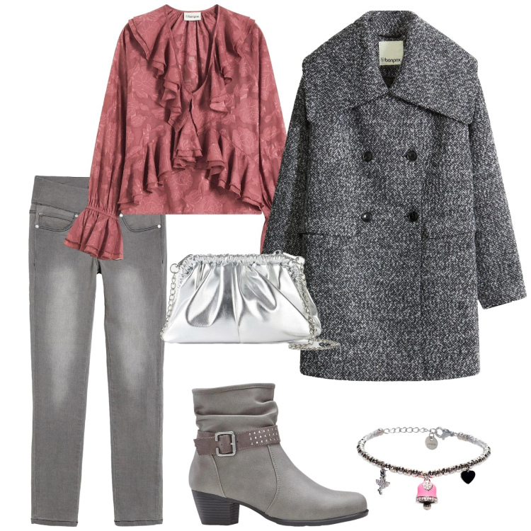 Outfit donna - Un caffè tra noi. per Tutti i giorni. Abbinamento con bluse, jeans dritti, stivaletti, cappotti, borse a tracolla, braccialetti.