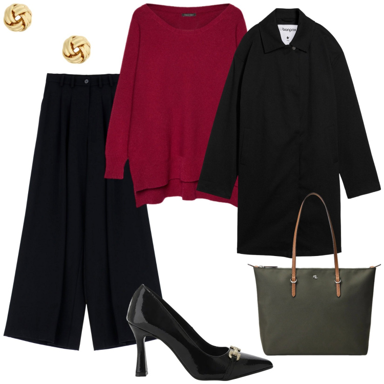 Outfit donna - La discrezione. per Tutti i giorni. Abbinamento con trench, pantaloni, décolleté, borse tote, orecchini, maglieria.