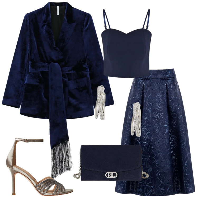 Outfit donna - Total look #2303235. Stile Chic per Serata fuori. Abbinamento con top, gonne longuette, blazer, orecchini, borse a tracolla, sandali gioiello.