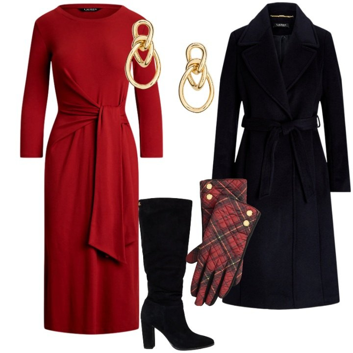 Outfit donna - Brilla con i tessuti che si accendono. Stile Chic per Serata fuori. Abbinamento con stivali, cappotti, vestiti, orecchini, guanti.