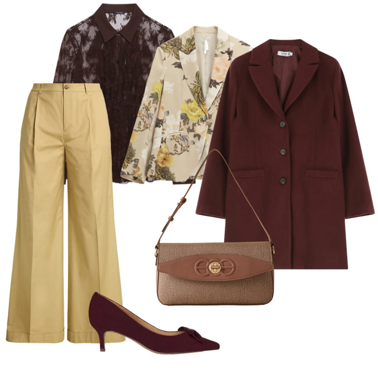 Outfit donna - Dal lavoro alla cena. per Ufficio. Abbinamento con cappotti, blazer, borse a spalla, pantaloni, décolleté, camicie.