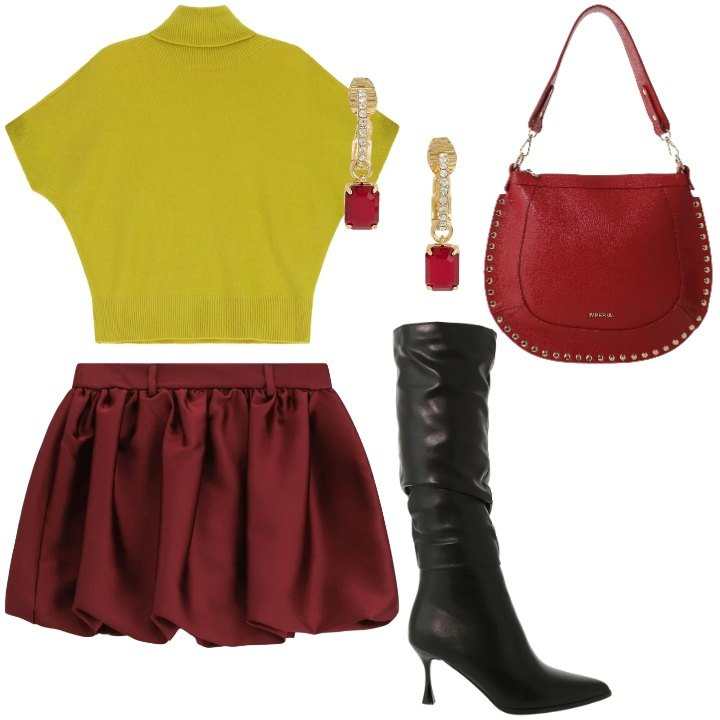 Outfit donna - Festive Harmony. Stile Glamour per Serata fuori. Abbinamento con maglieria, borse a spalla, minigonne, stivali sopra il ginocchio, orecchini.
