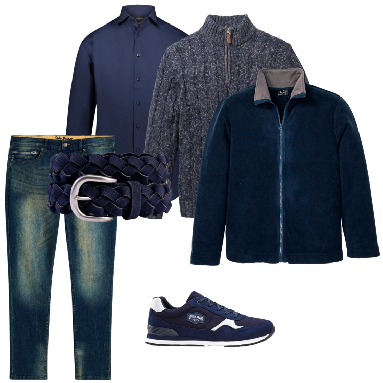 Outfit uomo - Tutto in blu. per Tutti i giorni. Abbinamento con jeans slim fit, maglieria, sneakers, giacche, camicie, cinture.